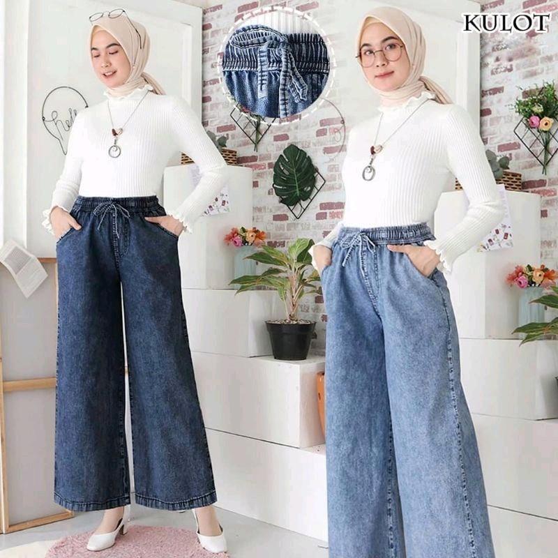 KULOT JEANS JUMBO [ M L XL XXL ] SNOW TALI SERUT | KULOT LIPAT JEANS PINGGANG FULL KARET | CELANA KULOT JEANS SNOW TALI SERUT  Celana Panjang Wanita Dewasa 1