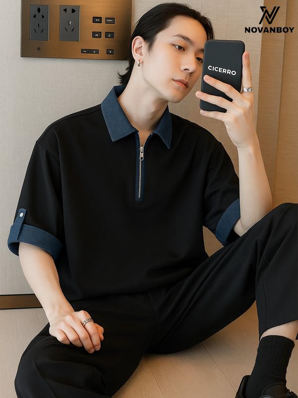 [New] Áo Polo Nam Tay Ngắn Phối Cổ Denim Cao Cấp Phong Cách Hàn Quốc Mới Nhất 2025 NOVANBOY_A002