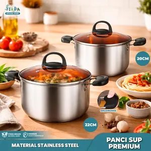 SINDA Panci Steam Pot Stainless Steel dengan Tutup Kaca - Panci Sup Sop Berkualitas untuk Memasak Sehat (20/22cm)
