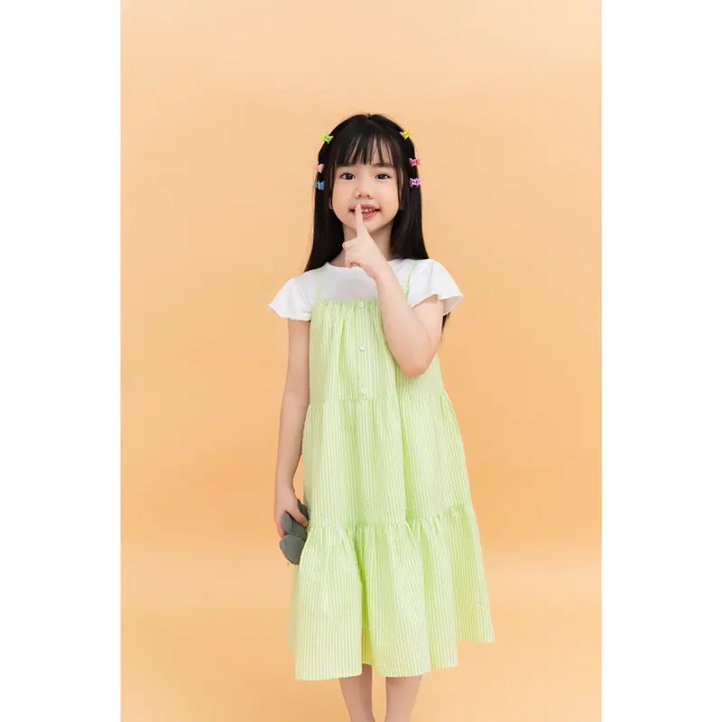 LEAH - Lillian dress - Đầm thiết kế LEAH hai dây xoè 3 tầng rút nhúm thô kẻ cotton cho bé từ 3,4,5,6,7,8,9,10 tuổi 7