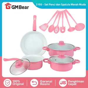 GM Bear Set Panci dan Spatula Merah Muda 2193 - Wajan Penggorengan Spatula Set Frypan Saucepan