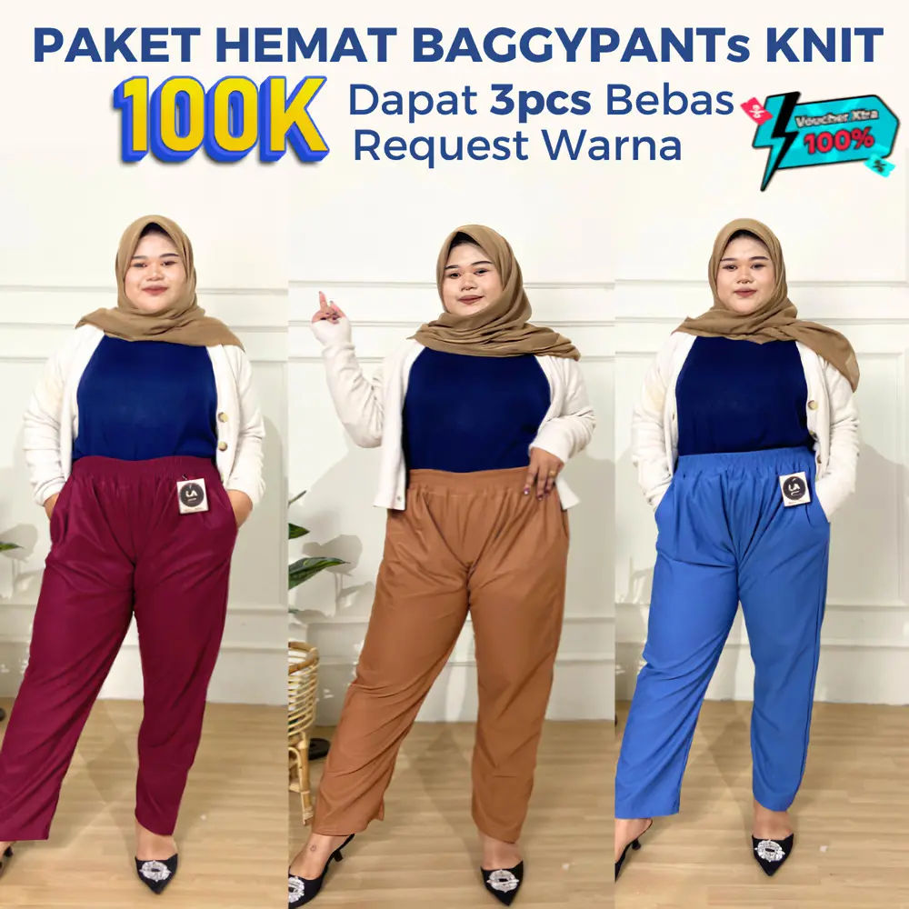 HEMAT! 100rb 3pcs Celana Wanita Jumbo Knit Melar Simple BaggyPants Bigsize Nyaman 40-100kg