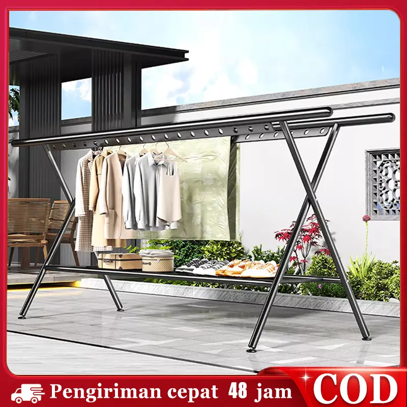 【100-150CM】 Baru Tabung Baja Jemuran Baju Jemuran Baju Stainless Jemuran Pakaian Stand Hanger Minimalis tahan angin rumahtangga rak pengeringan tahan lama