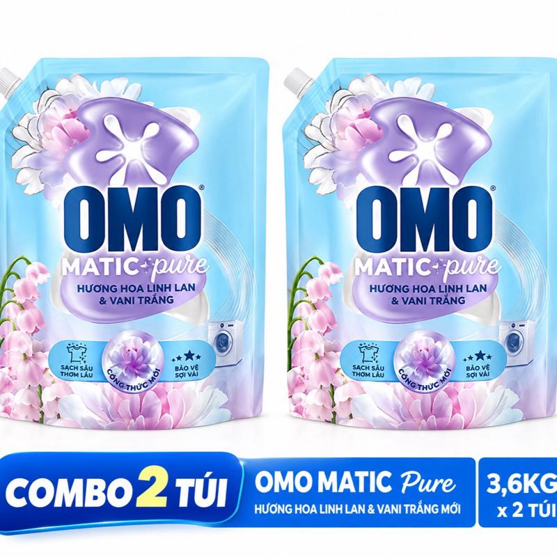 OMO Cửa Trước - Combo 2 Túi 3,6KG Hương Hoa Linh Lan & Vani Trắng Mới Sạch Lau Thon Lâu Bảo Vệ Sợi Vải