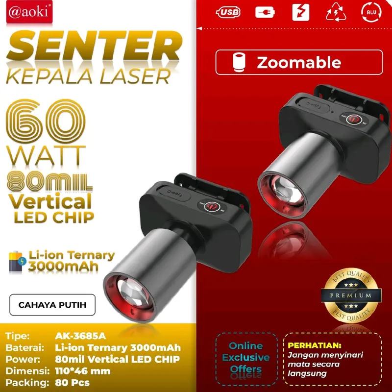 SENTER KEPALA AOKI ZOOM 60W AK3685A+3686K+(3675A adaptor) ,SENTER ZOOM 60WATT AOKI AK3685A AK3686K+(3675A adaptor) 800LM 60W ORIGINAL Baterai 6