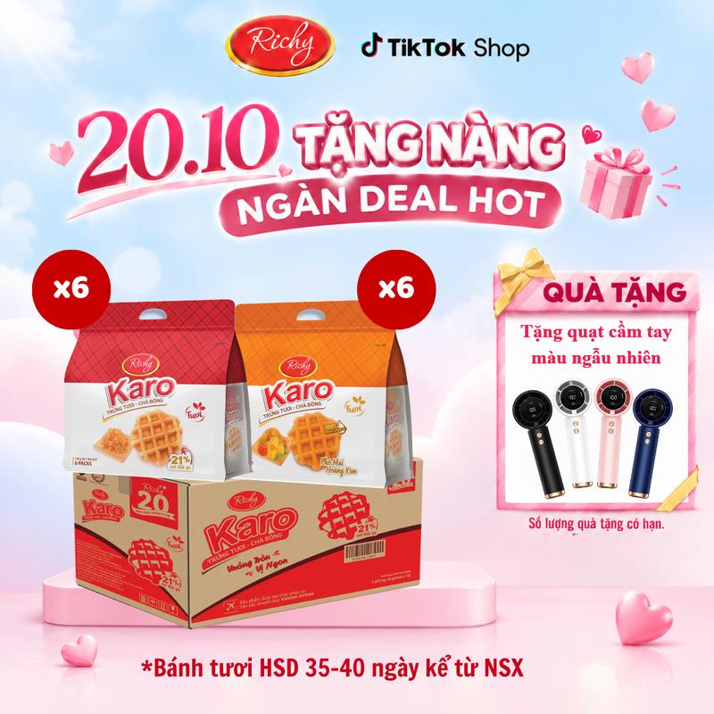 [TẶNG QUẠT CẦM TAY] Thùng 72 Bánh (12 Túi, Mỗi Túi 6 Bánh) Karo Trứng Chà Bông Hoàng Kim/Chà Bông Sợi Gà Ăn Sáng Tiện Lợi