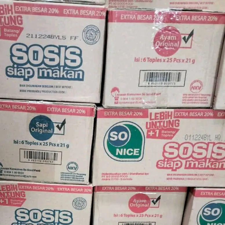 25pcs Sosis so nice extra 20% siap makan || Sosis so nice rasa ayam rasa sapi || sosis toples  Makanan Daging frozen 4