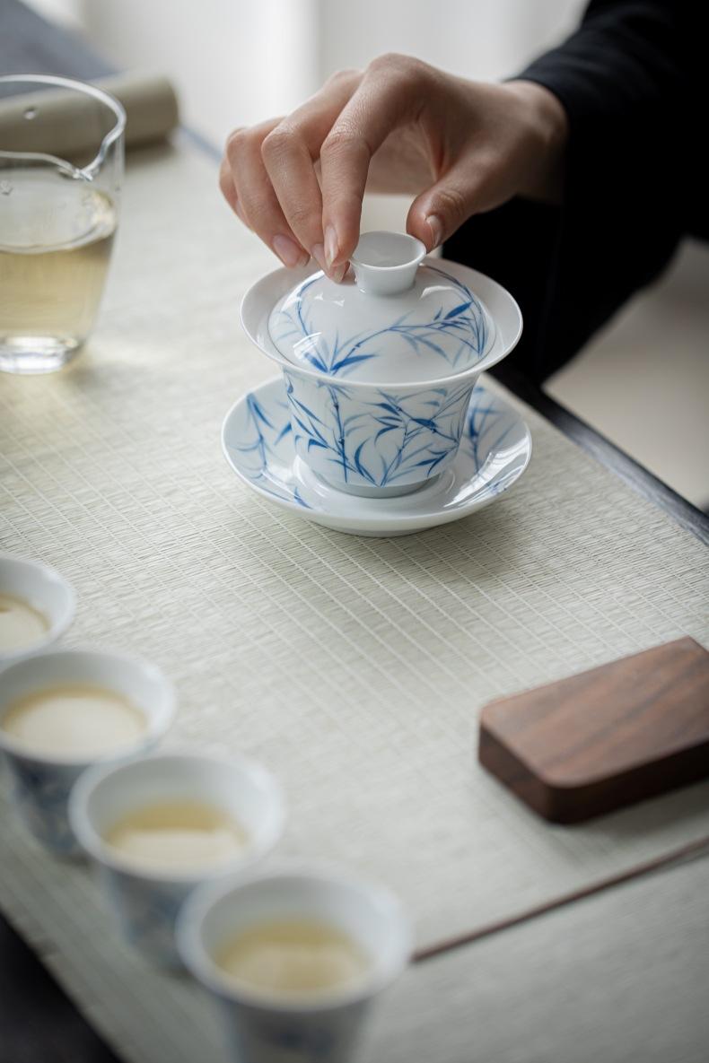 Product Introduction of Bamboo Sancai covered bowl hand-painted ceramic single large high-end Dehua white porcelain tea bowl Kung Fu tea set gift 17