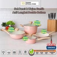 Gambar [TES] TEXANIA Set Alat Masak Lengkap isi Wajan Frypan & Panci Soup Cantik Gagang Kayu Anti Lengket Bahan Alumunium Double Bottom Size 18,24,26cm Free Obeng Kitchenware dari Texania house ware store Kota Tangerang 1 Tokopedia