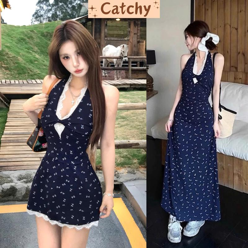 Đầm Nữ Cổ Yếm In Hoa Nhí Maxi Dáng Dài Ôm Body Phong Cách Xinh Xắn  Mùa Hè CATCHYstore