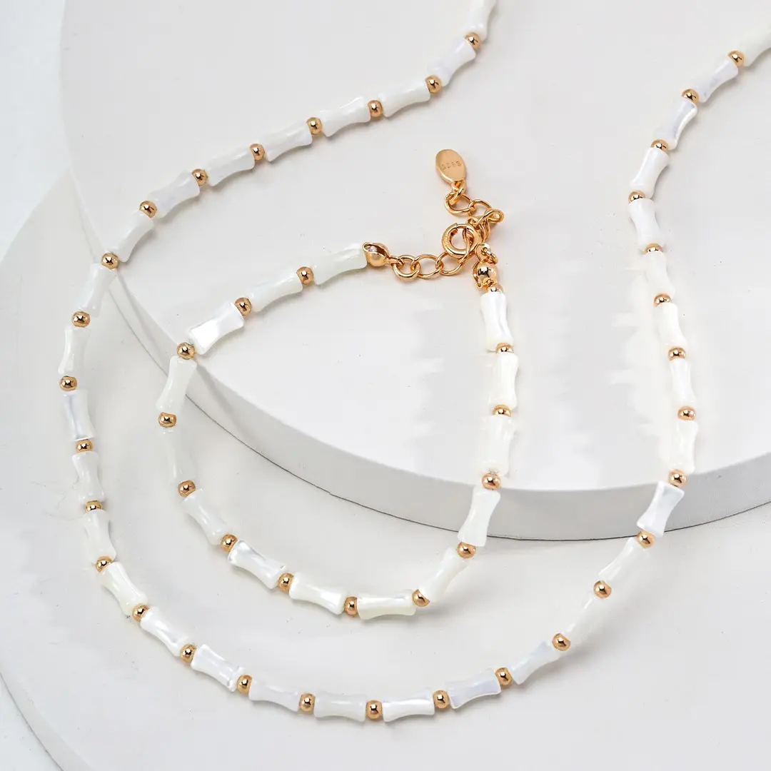Bamboo - inspired Beaded Necklace | Elegant White & Gold Design | For Fashion - forward Young Women | Jewelry | Unique and Chic mustard  seed  necklace chains  heart larimar  necklace