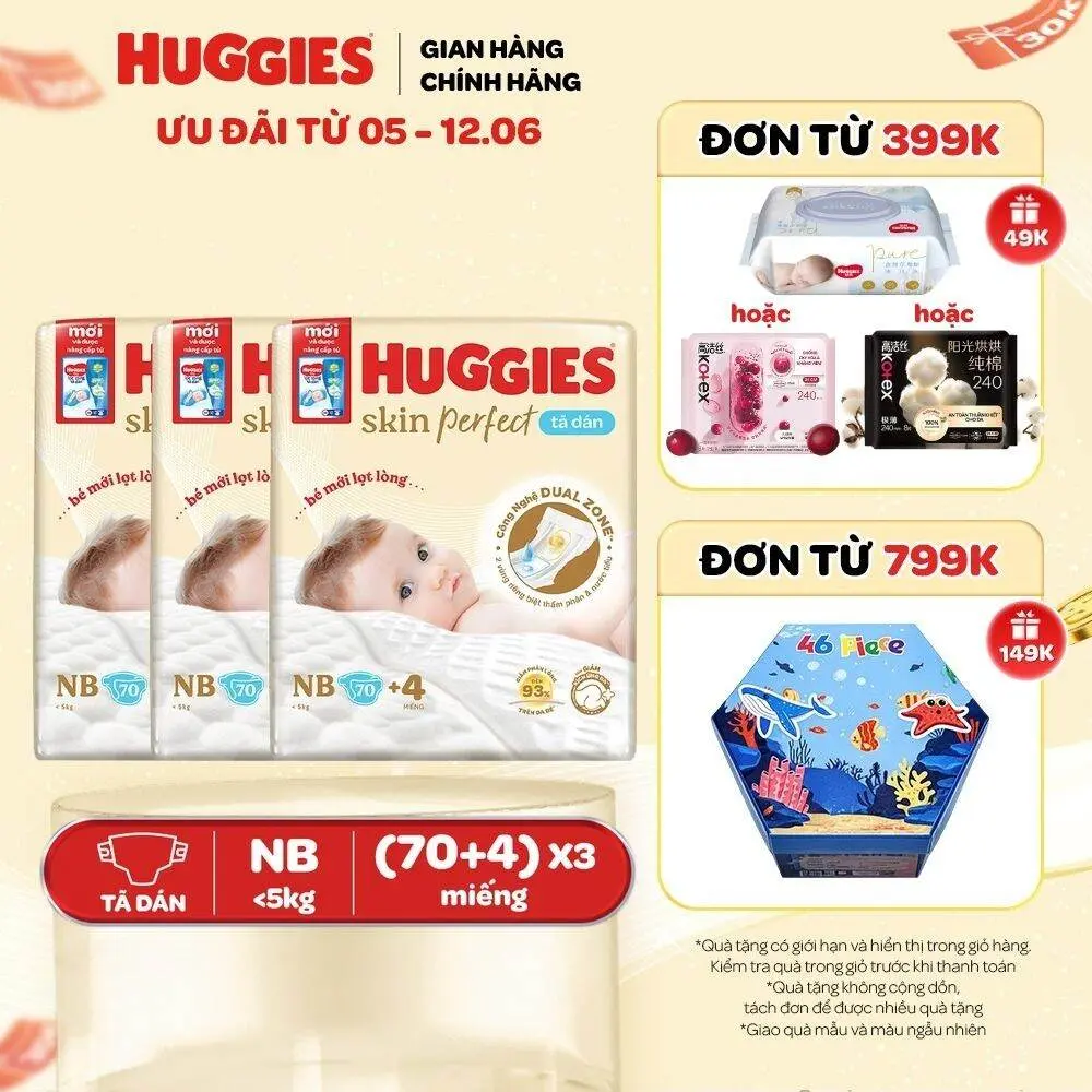 [Creator] Thùng 3 gói Tã/bỉm dán sơ sinh Huggies Skin Perfect với 2 vùng thấm giảm kích ứng da Size NB70+4/S54+4/S80+2/M76+3  [CTKM cộng miếng thay đổi theo từng đợt nhập hàng] - 1