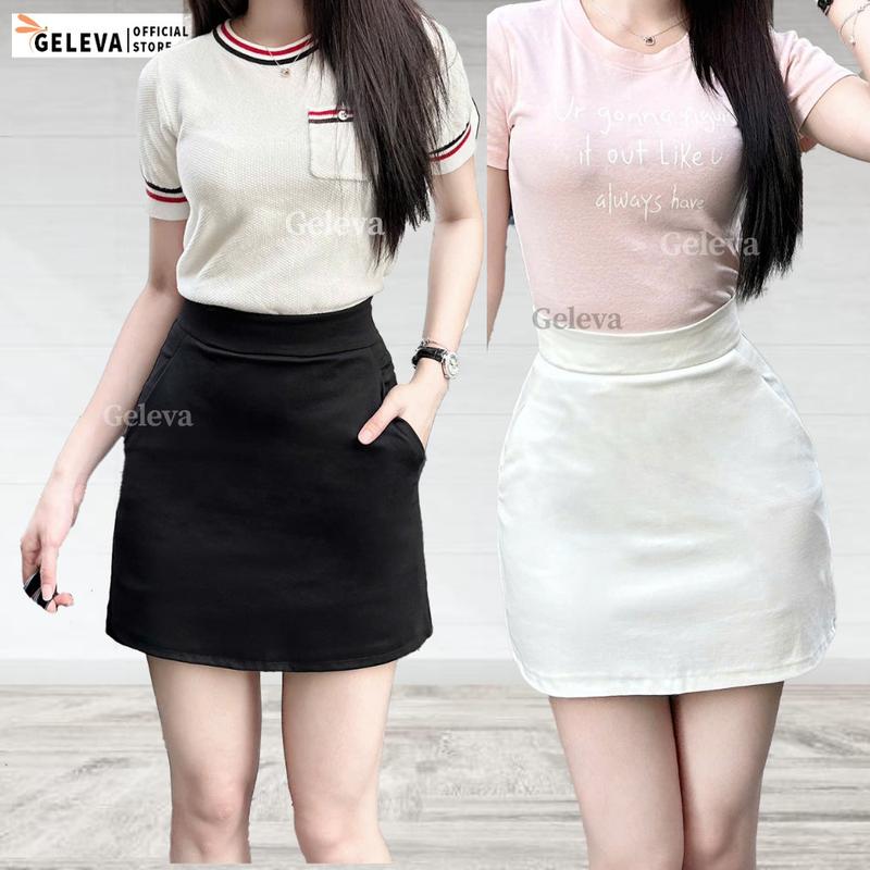 Chân váy chữ a công sở ngắn có 2 túi trước khóa kéo sau hông hoặc cạp chun lưng thun màu đen trắng kem Geleva GE145