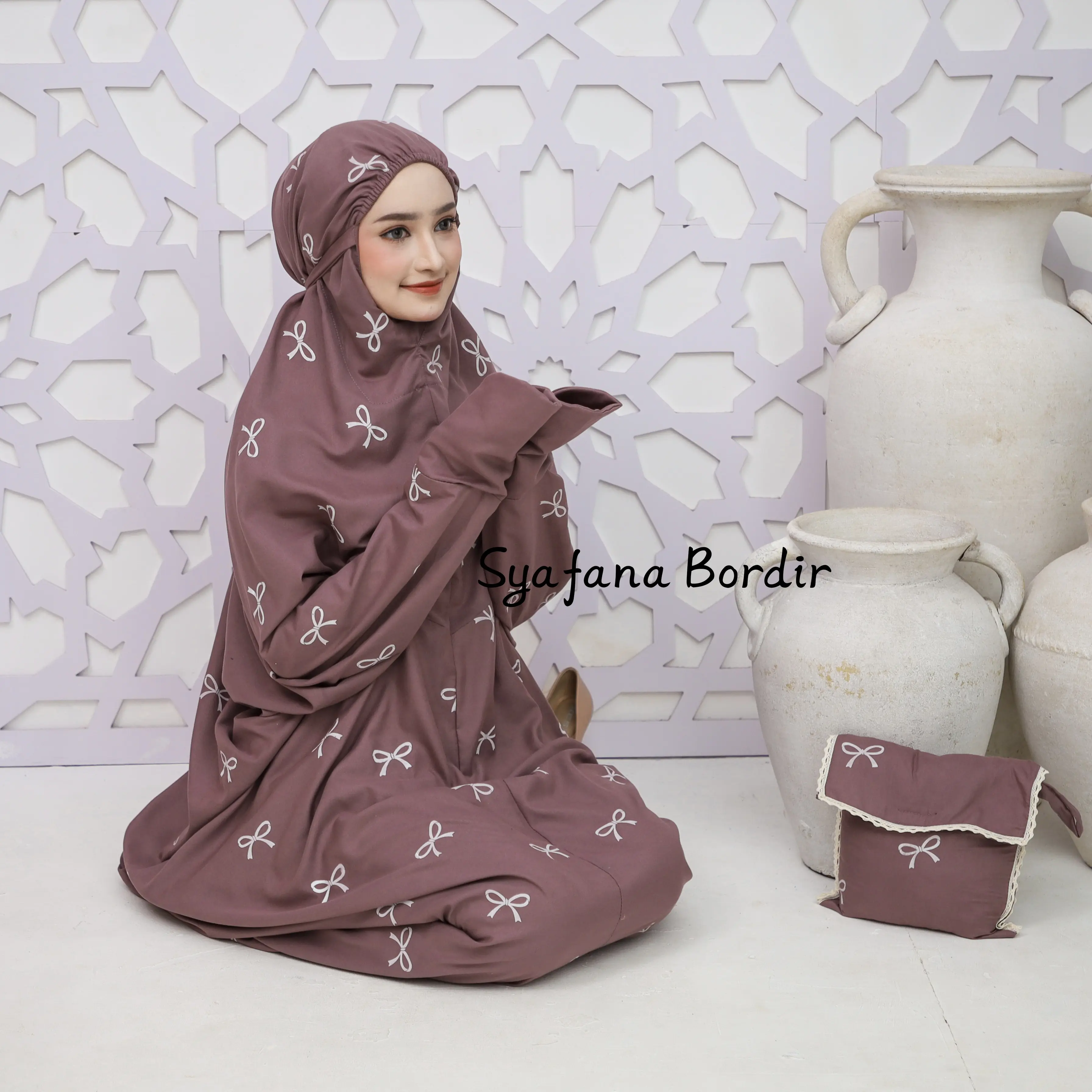 SYAFANA - Mukena Terusan Dewasa Traveling Katun Premium Motif Rebbon Pita Printing Mukenah Lajuran jumbo