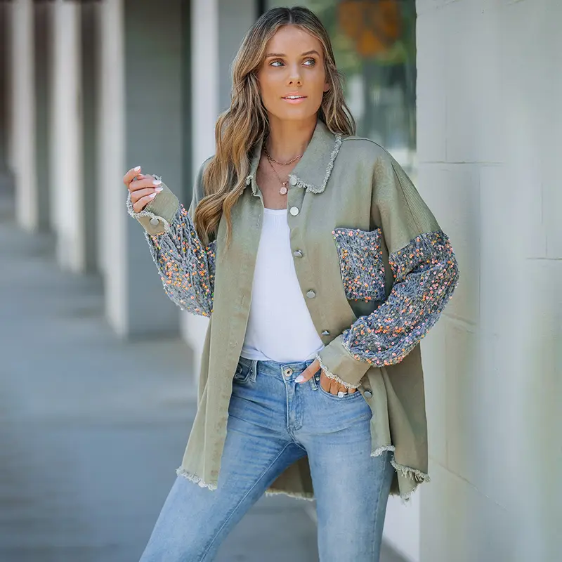 ChicMe Women's Casual Jacket Sequin Patchwork Long Sleeve Jacket Top Button Front Raw Hem Oversized Denim Shacket