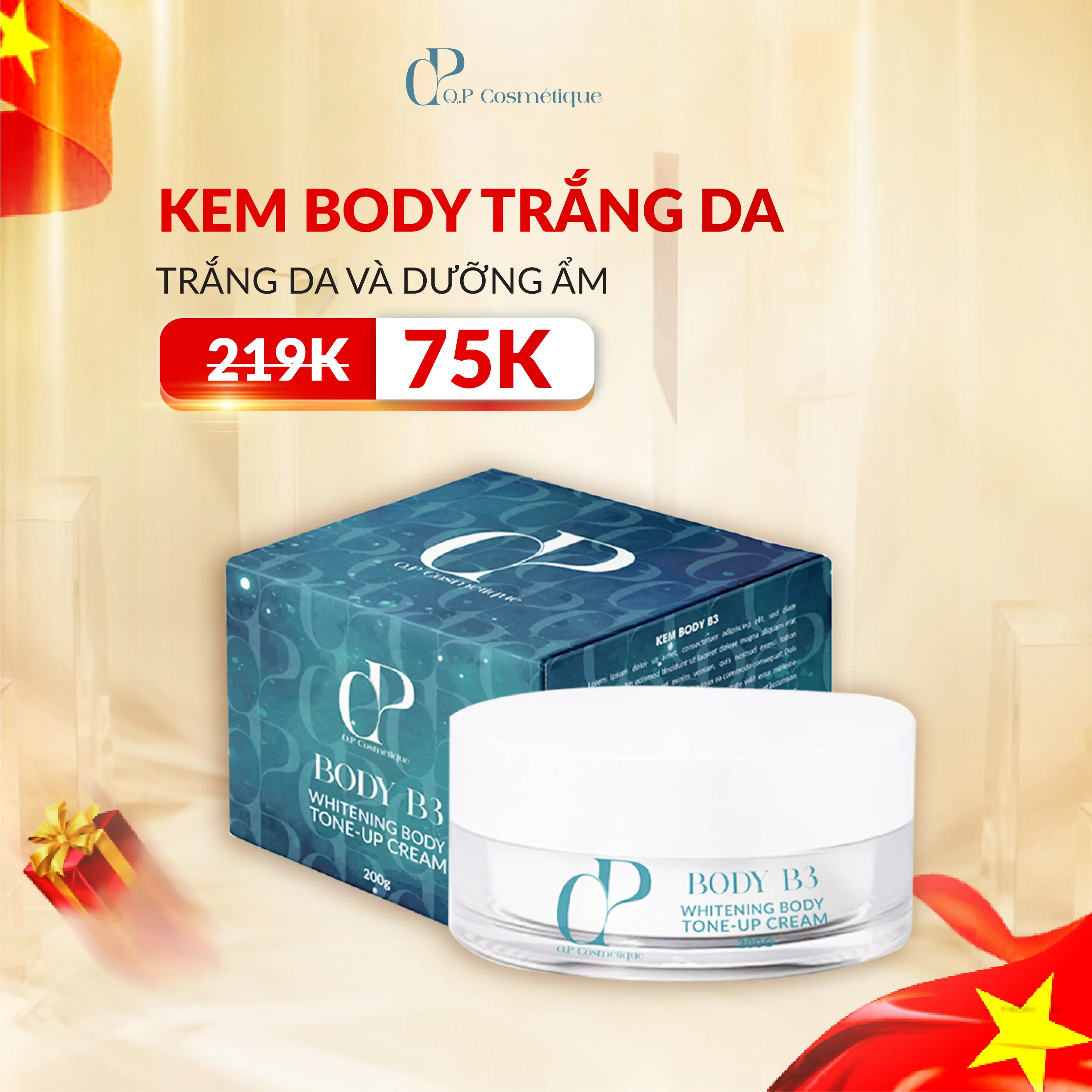 Kem Body B3 Nâng Tone Whitening Body Tone-up Cream QP Cosmétique Dưỡng Da Body 200g