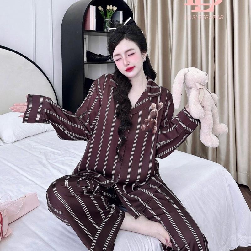  Đồ bộ nữ pijama - lụa hàn châu-  45-65kg  - tay dài quần dài 95cm - cổ truyền thống- sọc nâu thỏ 