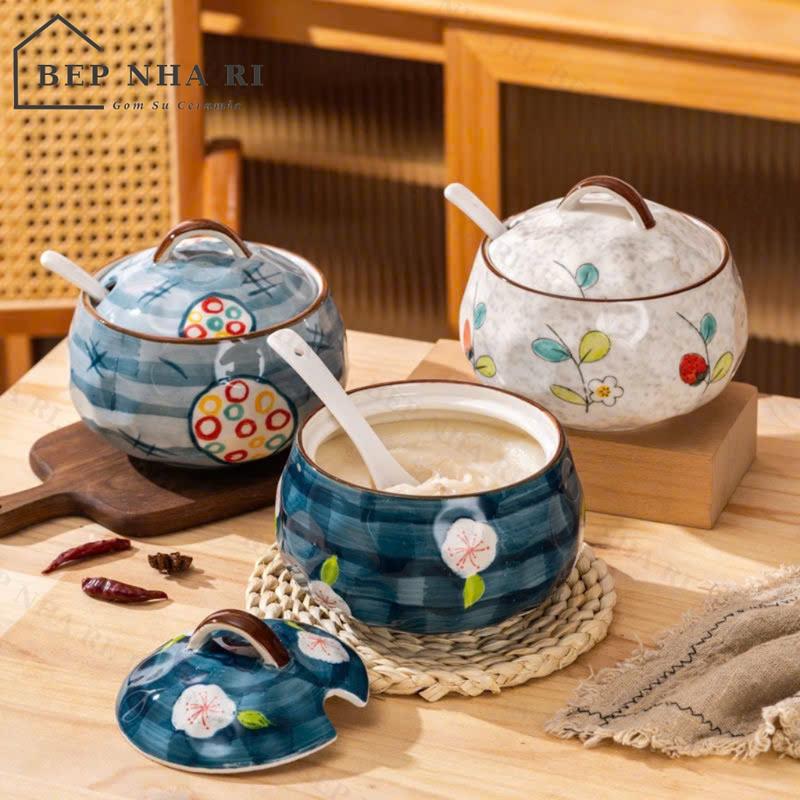 BepNhaRi Hũ Âu đựng mỡ Gốm Sứ CERAMIC dáng tròn bầu - dung tích 1200ml Tặng Kèm Thìa Sứ - Nét Duyên Thầm Trong Gian Bếp Việt