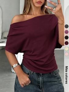 Camiseta de punto para mujer, verano/otoño, lisa, con hombro asimétrico y manga murciélago, ajuste holgado, manga corta con hombro caído