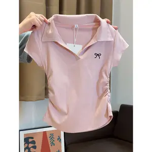 Kaos dengan sulaman dasi kupu-kupu kerah polo merah muda/Atasan lengan pendek v neck wanita terbaru Baju Panjang