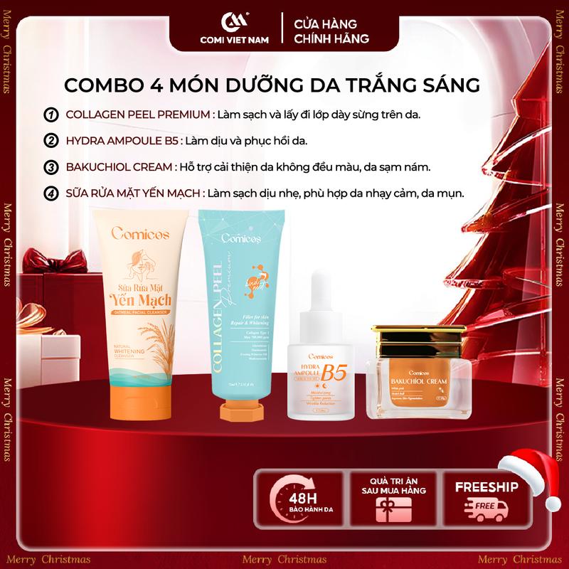 COMI VIETNAM Combo 4 Món Chăm Sóc Da Toàn Diện - Sữa Rửa Mặt Yến Mạch 100ml + Peel Collagen 4K 75ml + Serum B5 HA 20ml + Kem Face Huyết Yến Bakuchiol 20g Hỗ Trợ Dưỡng Da Cấp Ẩm Skincare Son Massage