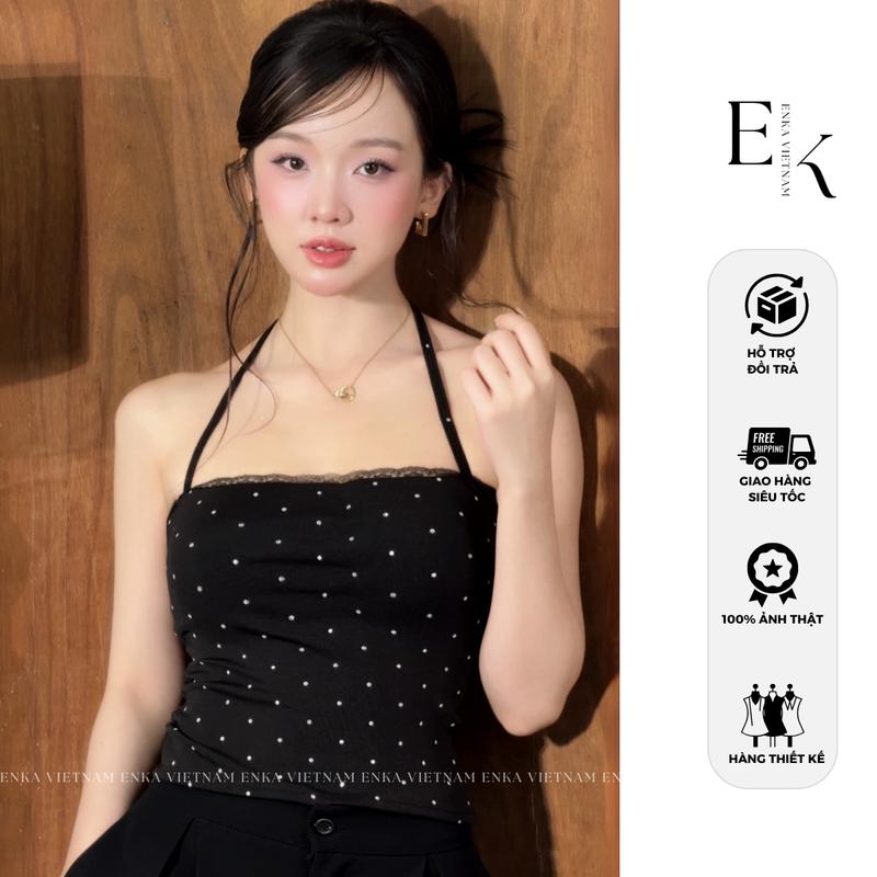 Áo yếm thun chấm bi HANIE TOP áo ôm phối ren đen trắng cột nơ sau phong cách tiểu thư sang trọng Top Women voi - ENKA VIETNAM