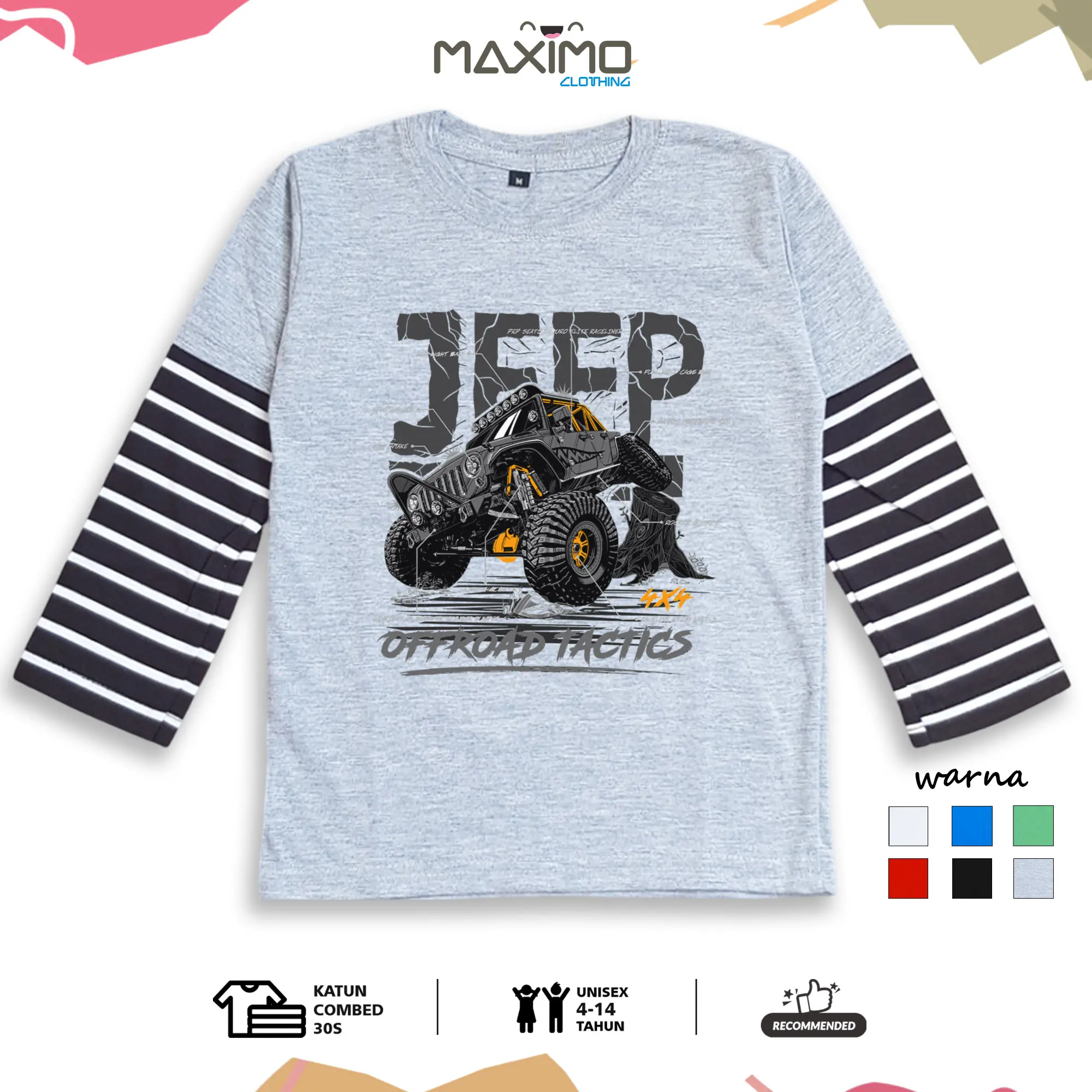 Kaos Baju Anak - Tactics - Tangan Panjang Strip Salur - Usia 4 hingga 12 Tahun - Bahan Cotton Combed - Fashion Anak
