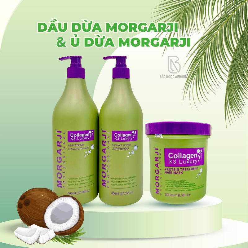 MORGARJI - CẶP GỘI XẢ DỪA TẶNG HŨ Ủ DỪA - DƯỠNG ẨM, MỀM MƯỢT TÓC-  Chăm Sóc Tóc Dưỡng Tóc Collagen