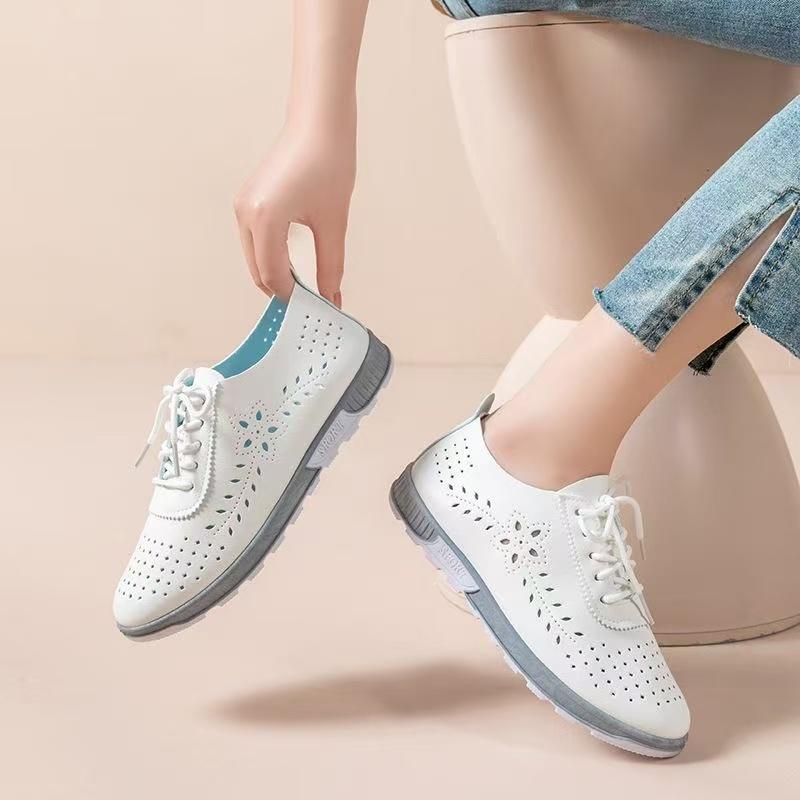 Product Introduction of Fashion Hot Shoes for Women 2025 New Real Soft Leather Versatile Lace-up Ins Mother White Shoes Tendon Bottom Shallow Mouth Nurse Thin Shoes 7