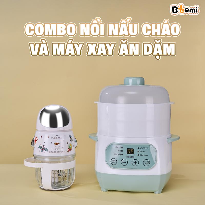 Combo máy xay ăn dặm Beemi 10 lưỡi dao dung tích 300ml và nồi nấu đa năng kèm xửng hấp cho bé Voi Kem