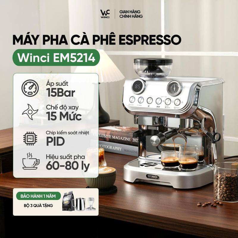  Máy pha cà phê Espresso Winci EM5214 áp suất 15 Bar tay cầm 2 chấu công suất 1450W tặng 3 quà đi kèm  ca đánh sữa tamper gói cà phê Robusta  bảo hành 1 năm 