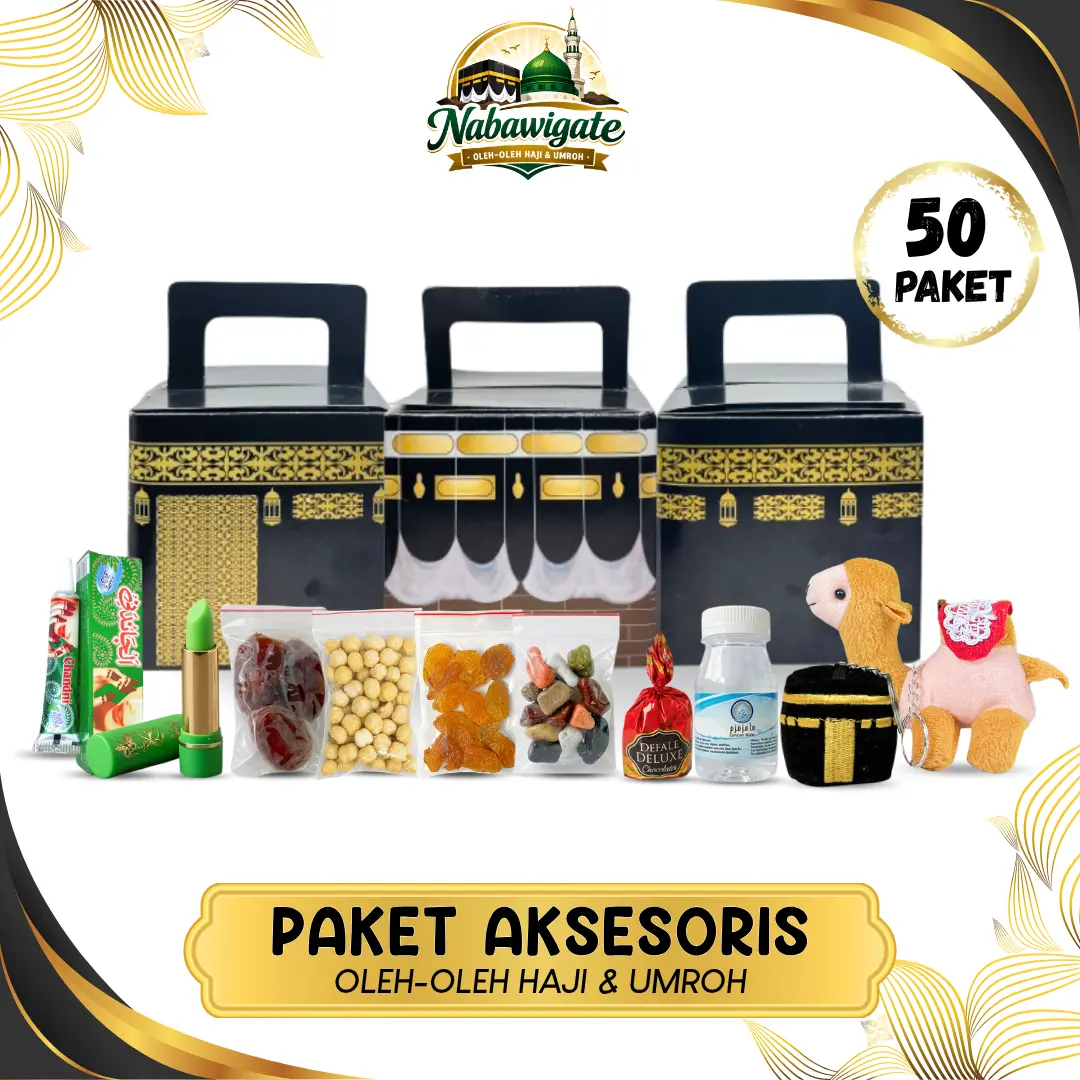 Paket Aksesoris 50pcs Oleh Oleh Haji dan Umroh Kemasan Ka'bah Isi Kurma Kismis Kacang Arab Pistachio Cokelat Air Zamzam Meal