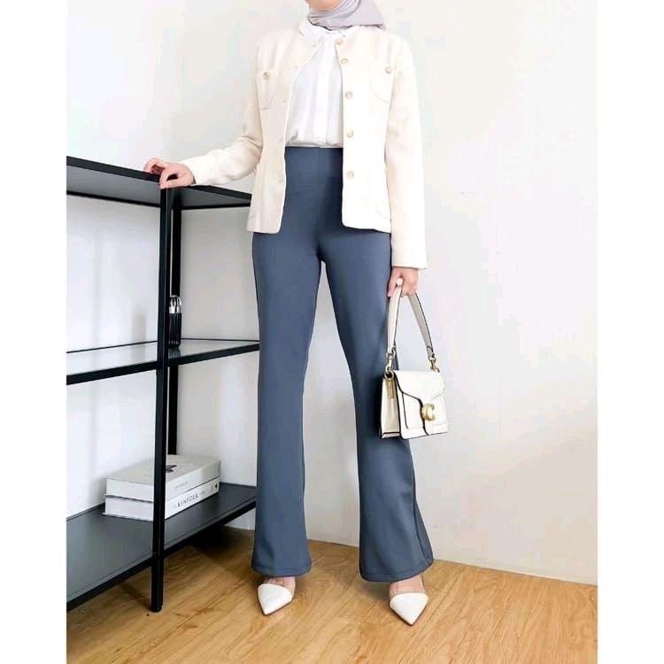 Celana Scuba Cutbray High Waist Premium Tebal ENCUBRAY - Kulot Basic Kantor Hitam Panjang Melar - Casual Wanita Formal Kerja 1