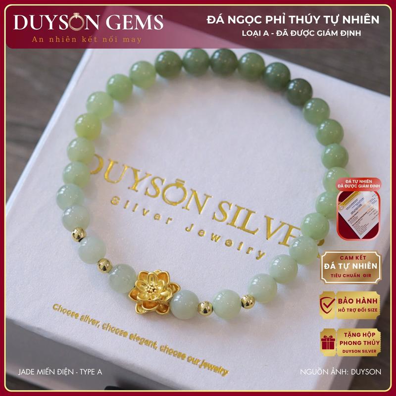 Vòng tay Ngọc Bích Hòa Điền tự nhiên Ombre mix charm hoa sen mạ vàng 18k Duyson Gems