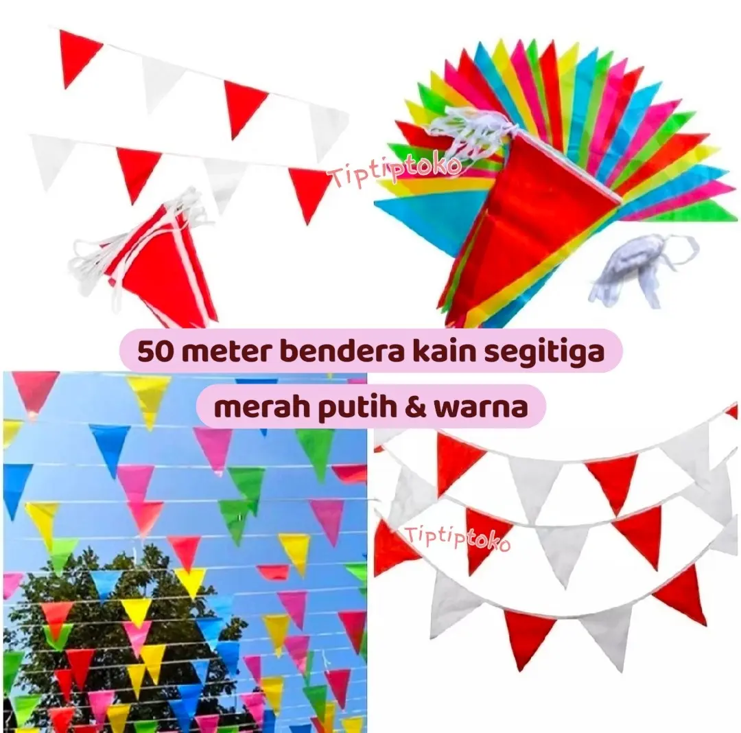 50 Meter Bendera Kain Segitiga Merah Putih Dirgahayu HUT RI / Bendera Merah Putih dan Warna-Warni Hiasan Dekorasi 17 Agustus