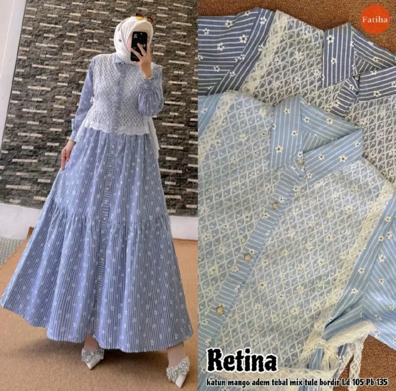 RETINA DRESS GAMIS KATUN SALUR MOTIF BUNGA KOMBINASI BRUKAT TERBARU 1