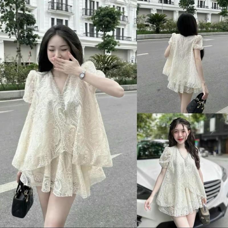 [Bèo Béo Bigsize] Bộ Ren Thêu Hoa Cổ V Viền Đá Phong Cách Dễ Thương Kèm Chân Váy Ren Form Bigsize 60-90Kg