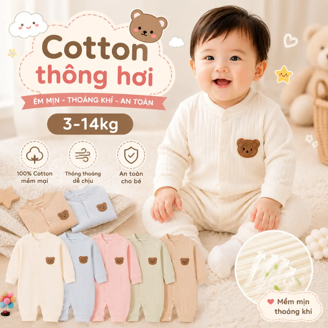 Bộ áo liền quần dài tay thu đông cho bé sơ sinh 0-18 tháng tuổi (Chiều cao dưới 90 cm), chất liệu vải cotton BD95