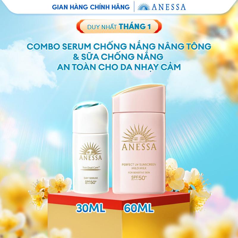  Bộ đôi Serum chống nắng Anessa dưỡng da nâng tông SPF50+ PA++++ 30ml và Sữa chống nắng dịu nhẹ cho da nhạy cảm và trẻ em SPF 50+ PA++++ 60ml 