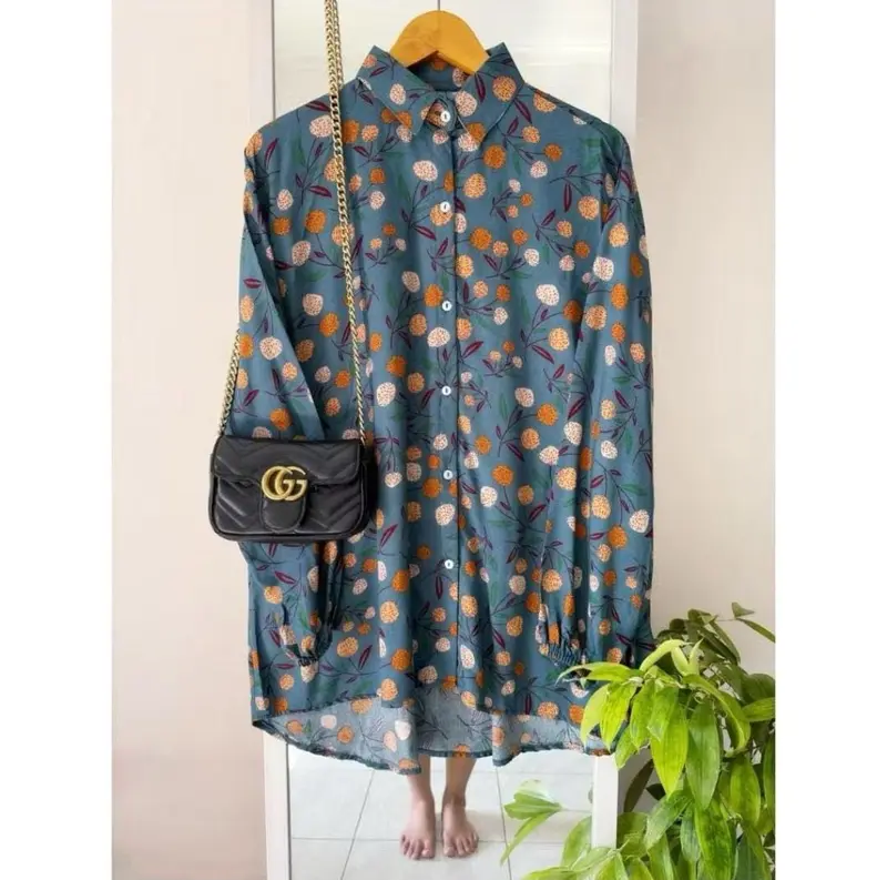 Kemeja Wanita Oversize Shirt Rayon Motif Premium - Kemeja Basic Blouse Lengan Karet 4