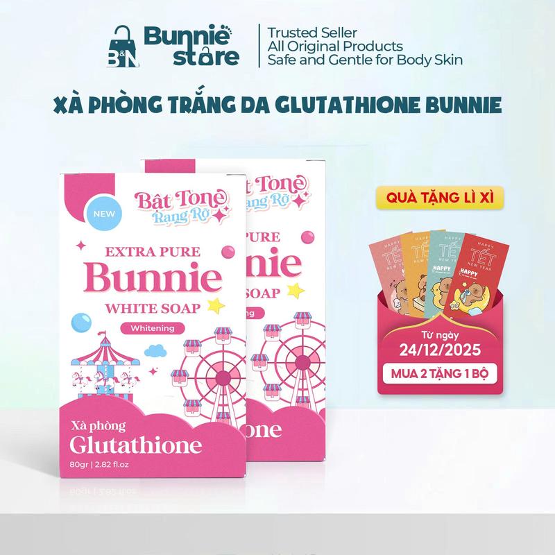   MUA 2 TẶNG 1  Xà phòng Glutathione Bunnie hỗ trợ LÀM SÁNG DA  NÂNG TONE dưỡng ẩm làm mịn da cùng tinh chất Glutathion và Glycerin 80g   Tặng túi tạo bọt và bộ lì xì Tết  