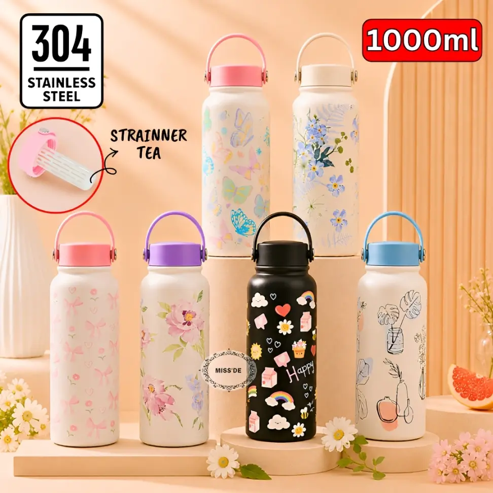 Tumbler Bottle Stainless Steel 1000ml / Tumbler Aesthetic Motif Bunga / Botol Minum Hana