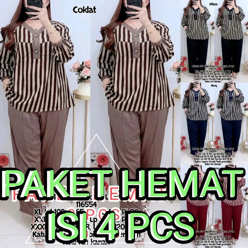 (Paket Bundeling isi 4 Pcs) Setelan Salur Terbaru Wanita Terbaru - Celana, Baju (Navy, Millo, Hitam, Marun) - Lembut Nyaman Motif