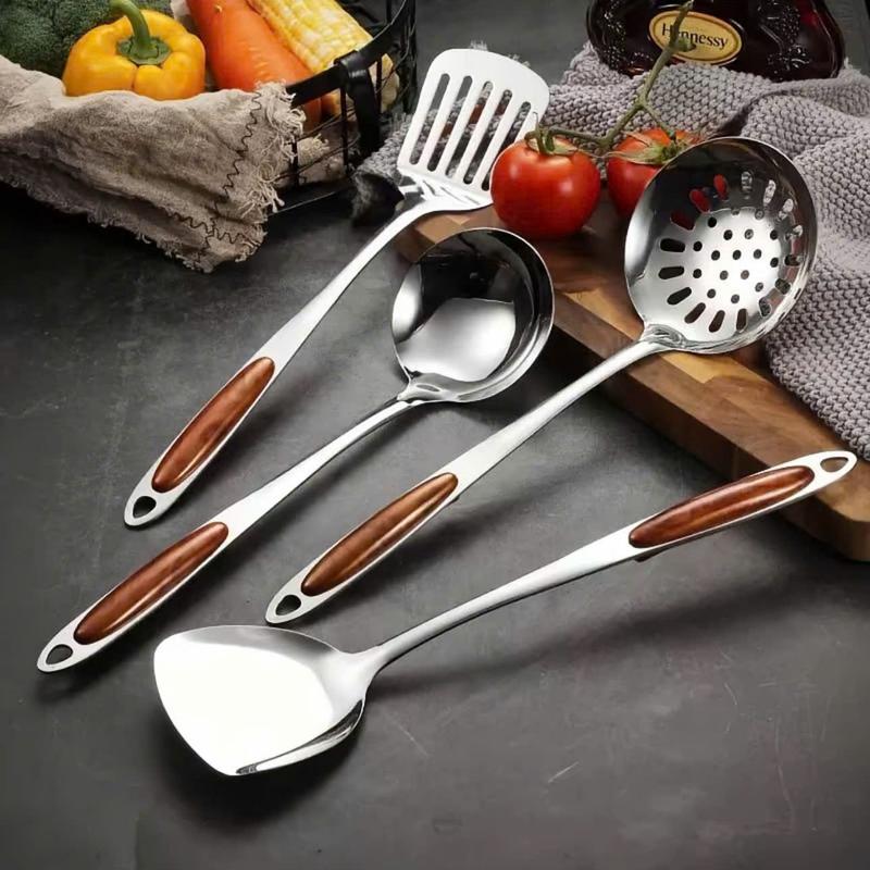 Bộ dụng cụ nhà bếp 4 Món INOX nguyên chất Muôi đặc cản gỗ CAO CẤP, Muôi lỗ,…