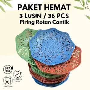 Paket Hemat 3 Lusin 36 PCS Piring Rotan Bunga Cantik S Warma Biru Hijau Buah Plastik Kitchenware