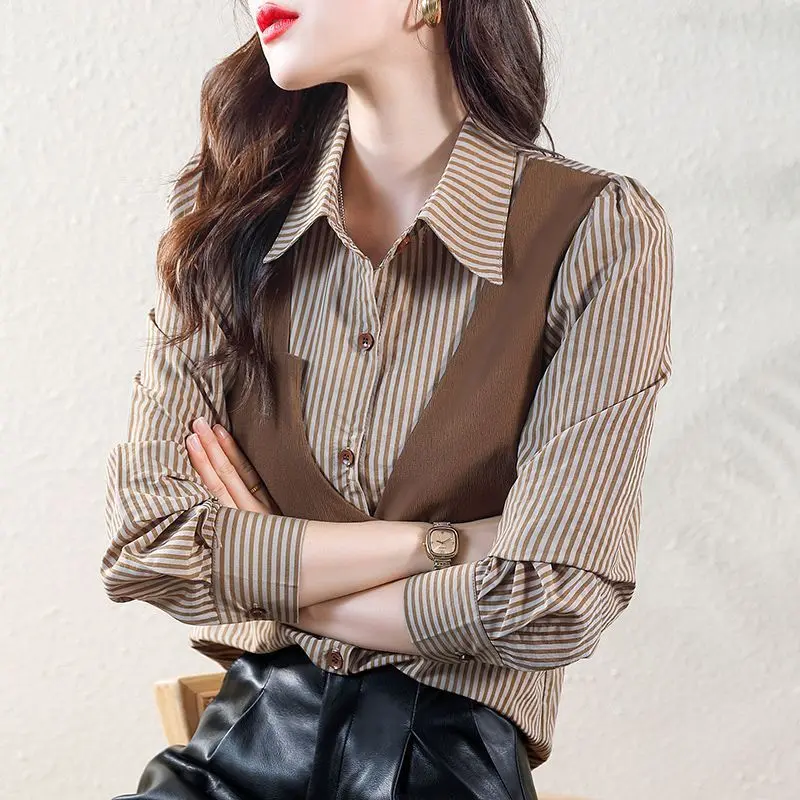 Áo Sơ Mi Kẻ Sọc Giả Hai Mảnh, Áo Dáng Ôm Cho Bé Gái Béo Nước Ngoài, Phổ Biến Trong Năm Nay, Phong Cách Hồng Kông, Thường Ngày Top Women Voi Nâu