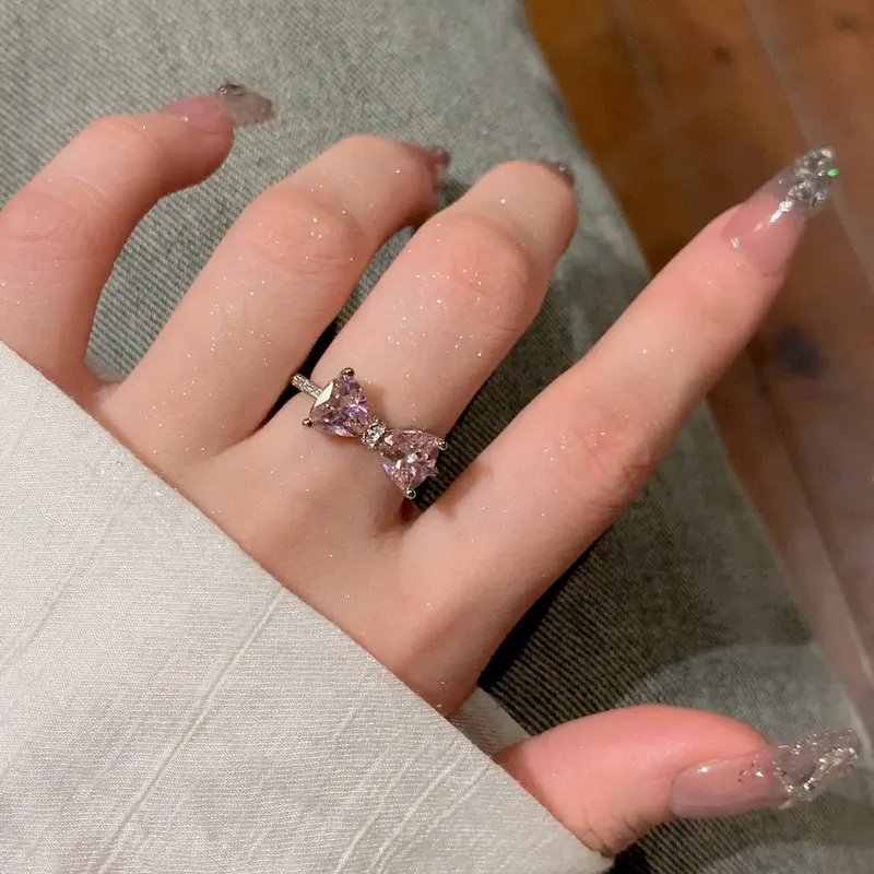 ShinyShiny-Cincin busur lucu Cincin hati pink dengan zirkonia berbentuk pita untuk wanita, desain unik dan imut, cincin dengan kesan mewah dan anggun, cocok untuk jari telunjuk, desain terbaru. 3