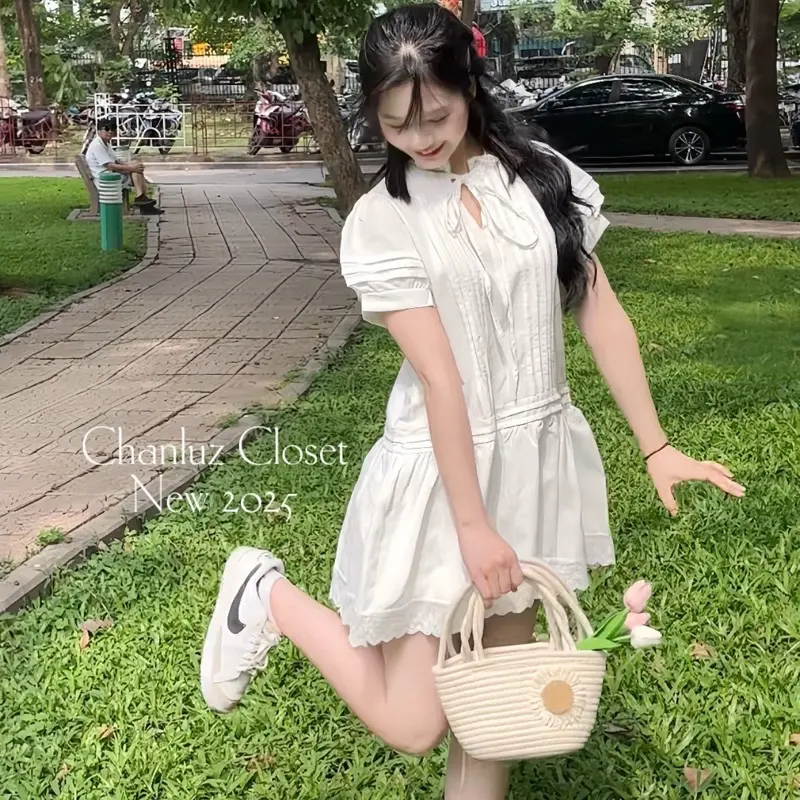 Váy baby doll dây buộc tay phồng chất thô Hàn kèm quần bảo hộ lót lụa Chanluz Closet - CLS04