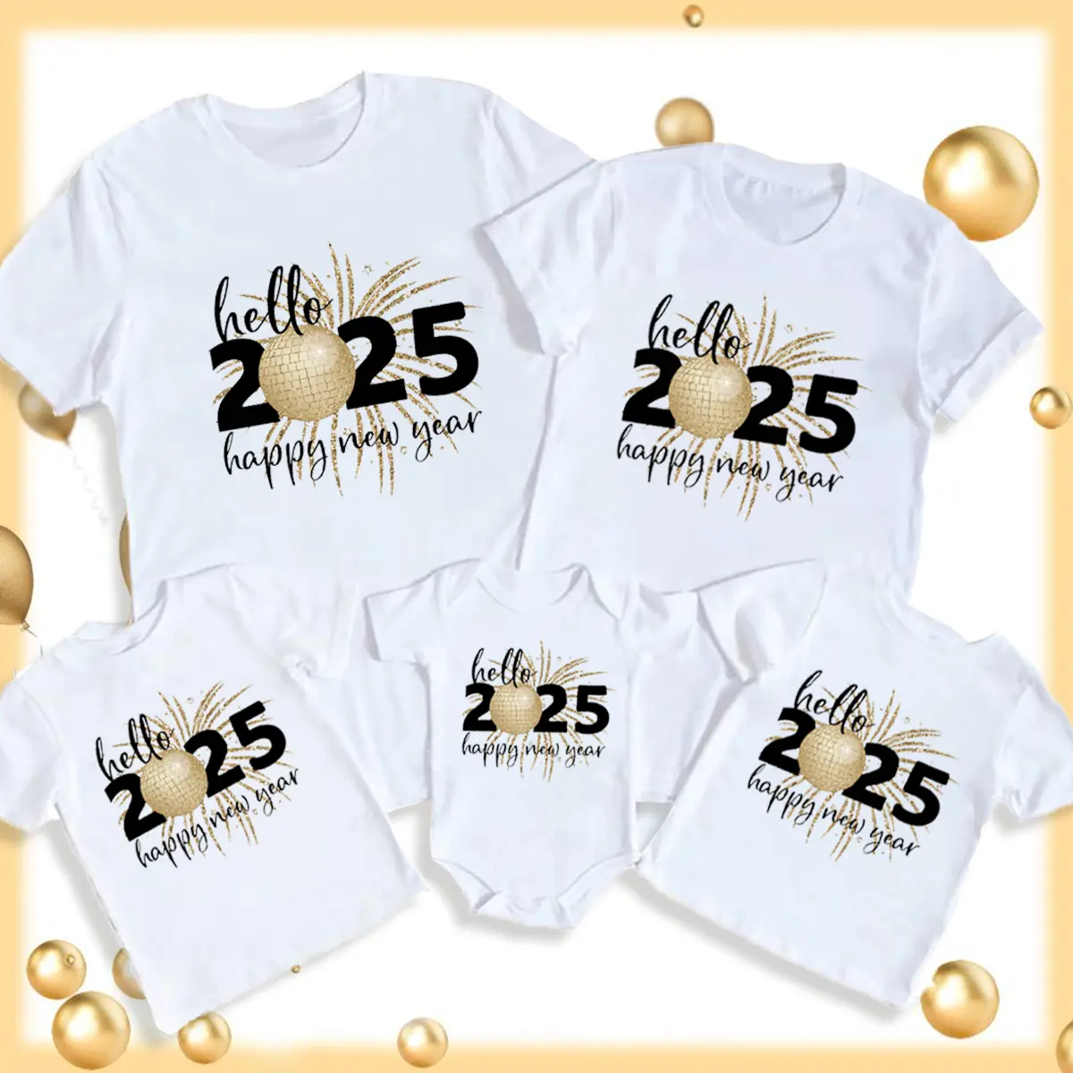 Hello 2025 Happy New Year Printed Parent-child Dress Fashionable New Year Party Family Attire Baby Jumpsuit Family Matching Short Sleeve White Top T-shirts