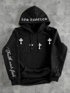 Sudadera con capucha para hombre, cruz gótica, teñido de cielo estrellado, bolsillo canguro, cordón ajustable, casual, corte regular, adecuada para uso diario, vacaciones y actividades al aire libre, atuendos de otoño e invierno.
